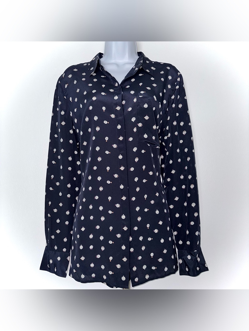 J. Crew Tick Tock Clock Print 100% Silk Button Down Shirt Navy Womens Size 14